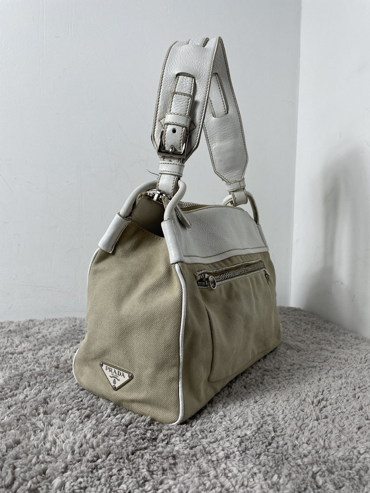 Prada Very Rare Prada Leather CANVAS SHOULDER BAG BEIGE Size ONE SIZE - 3 Thumbnail