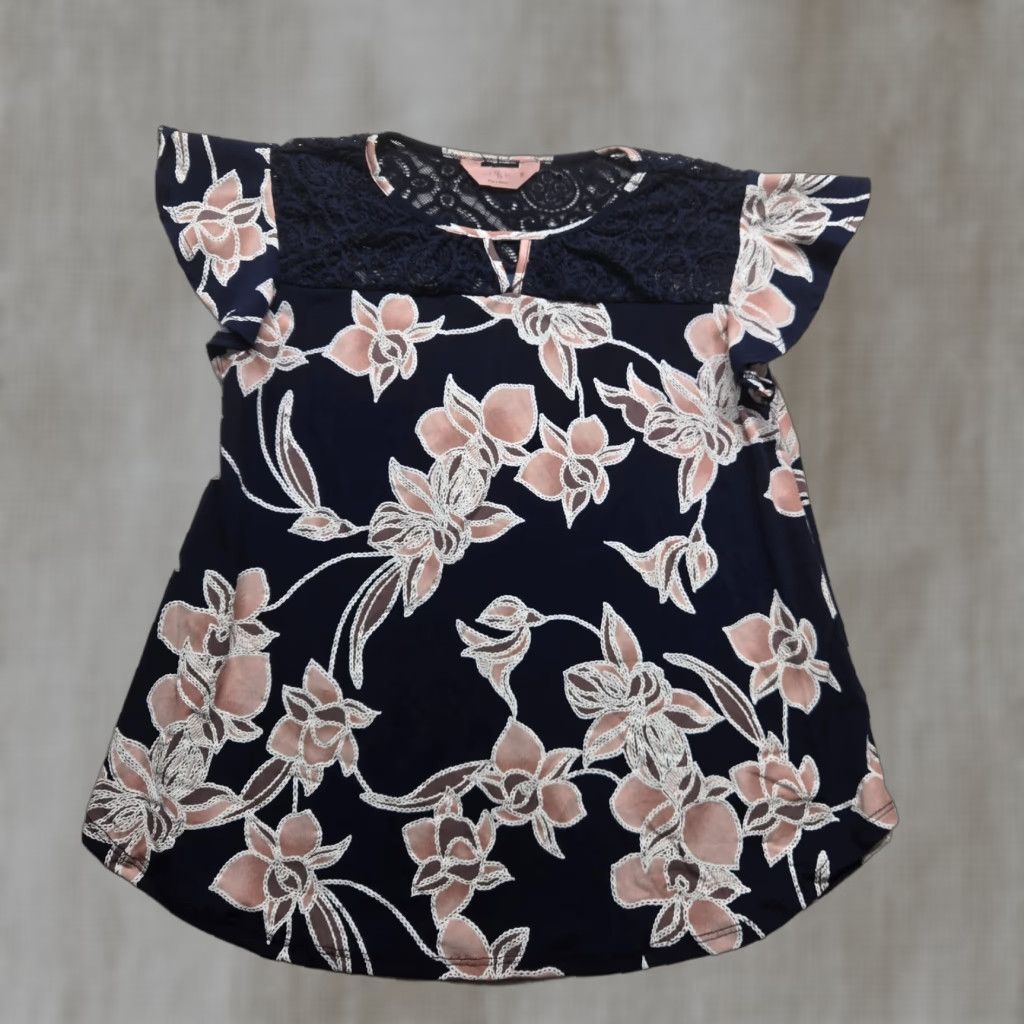 Vintage SJS Blouse Adult Womens Size Medium Navy Blue Floral Short Sleeve Lace Shirt Size M / US 6-8 / IT 42-44 - 1 Thumbnail