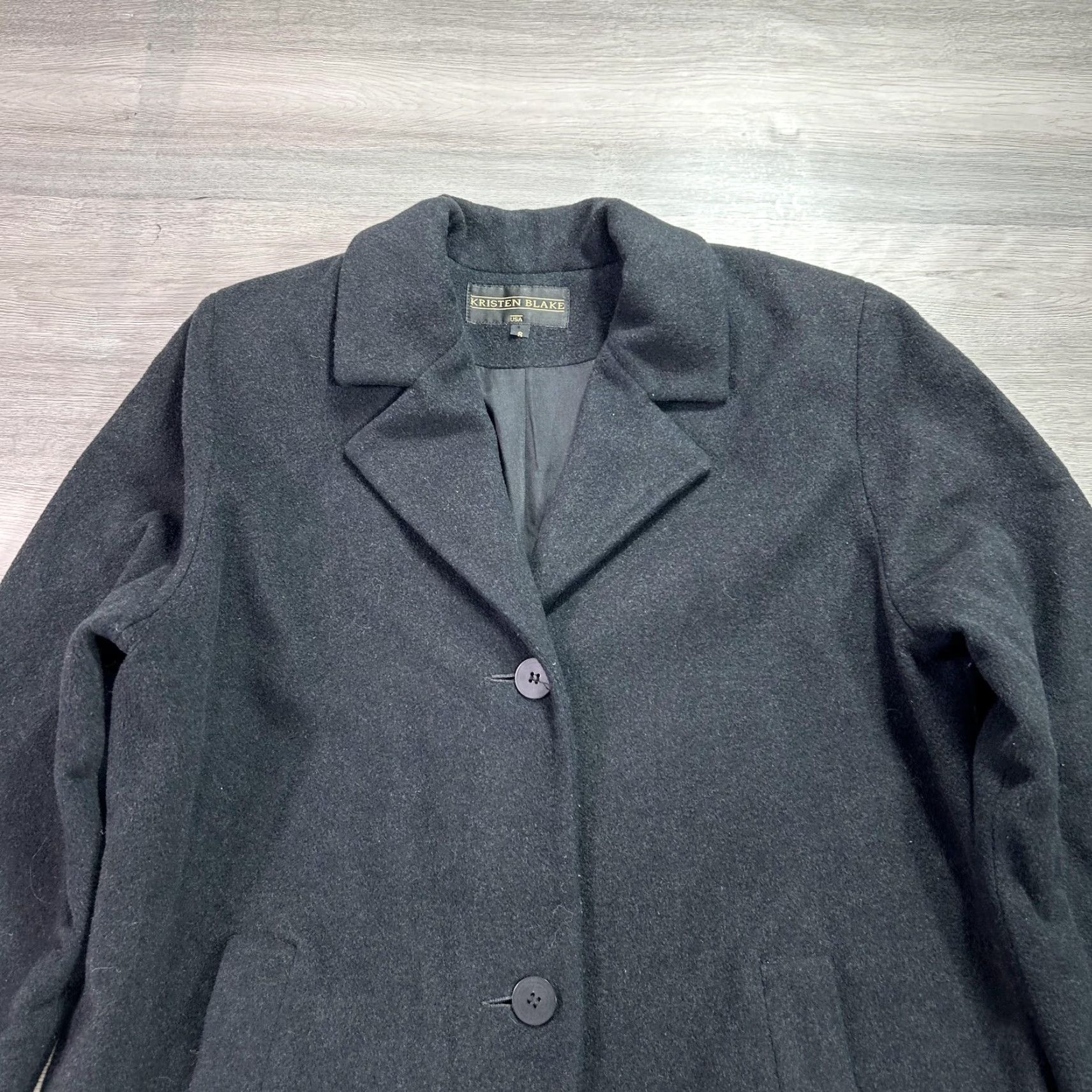 Vintage Kristen Blake Coat Womens Small Black Wool Cashmere Blend Lined Made USA Pockets Mid-Length Button Single-Breasted Overcoat Size S / US 4 / IT 40 - 4 Thumbnail