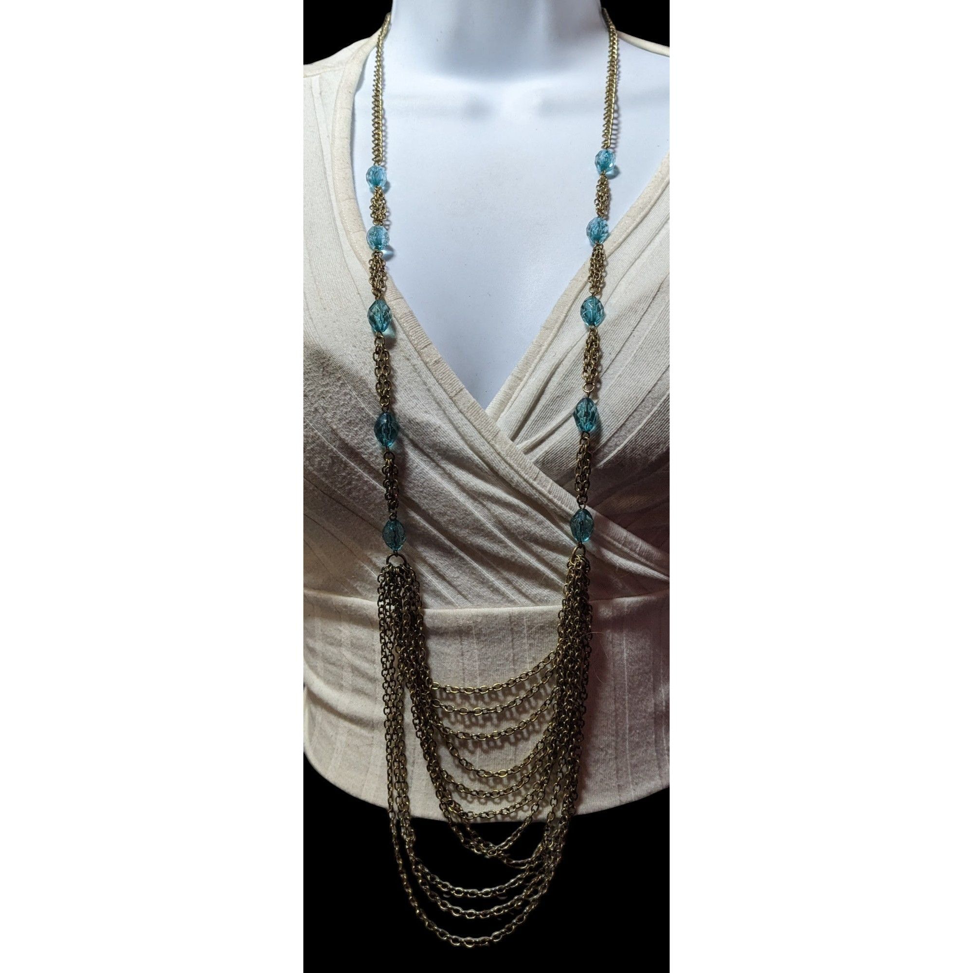 Other Layered Gold Tone Glam Necklace With Blue Beaded Accents Size ONE SIZE - 8 Thumbnail