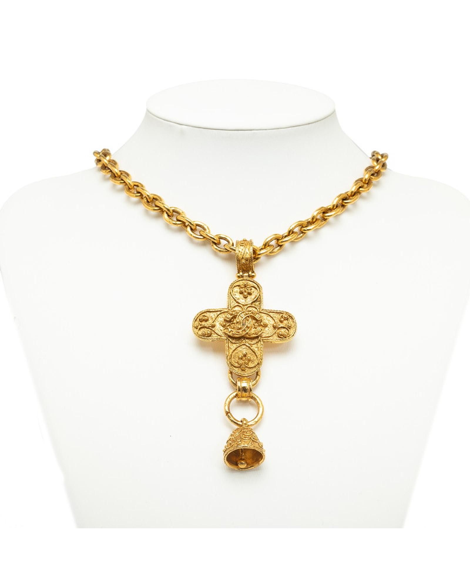 image of Chanel Gold Cc Cross Bell Chain Necklace, Women's