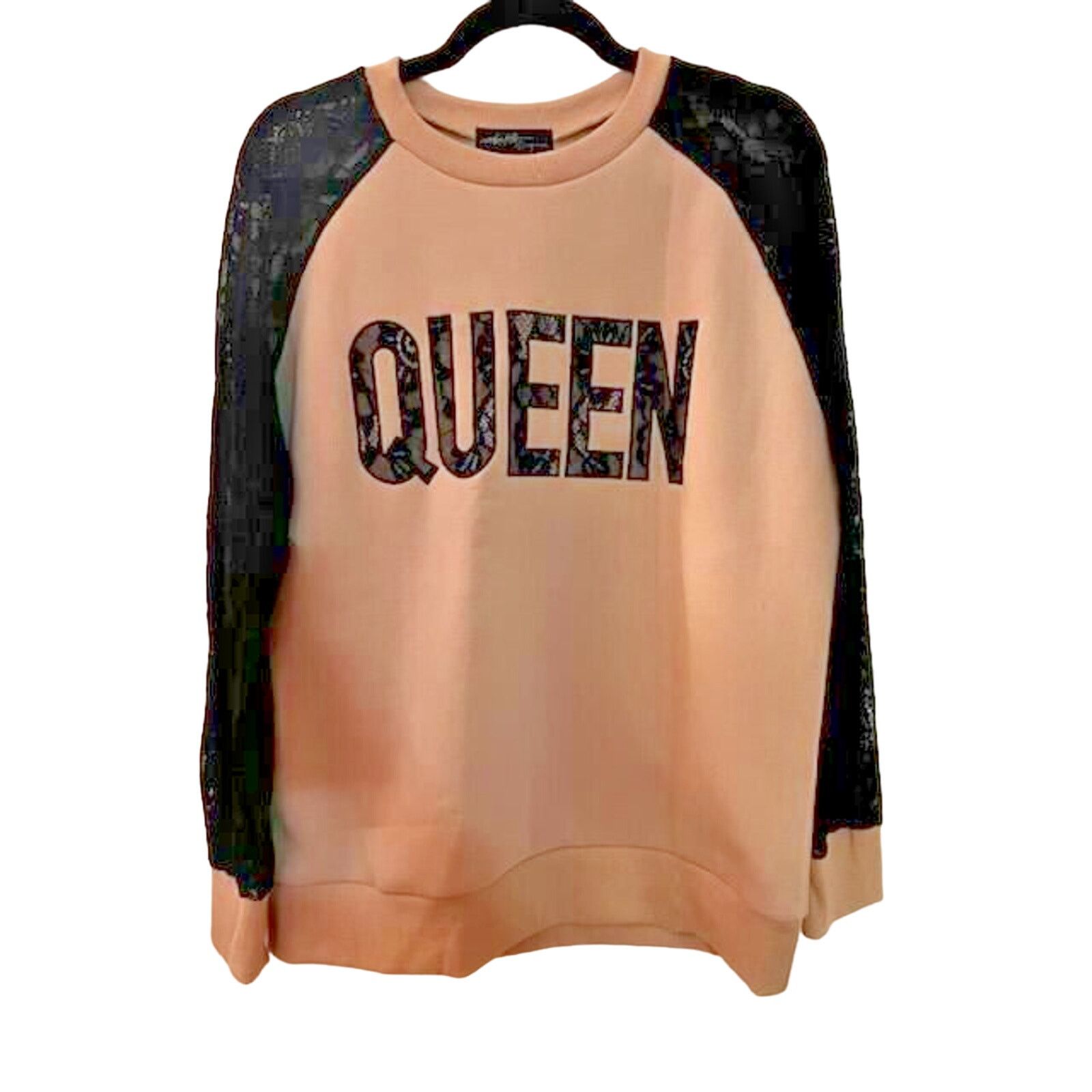 Other OnTwelfth 'QUEEN' Graphic Lace Sleeve Sweatshirt Black & Tan Size L / US 10 / IT 46 - 1 Thumbnail
