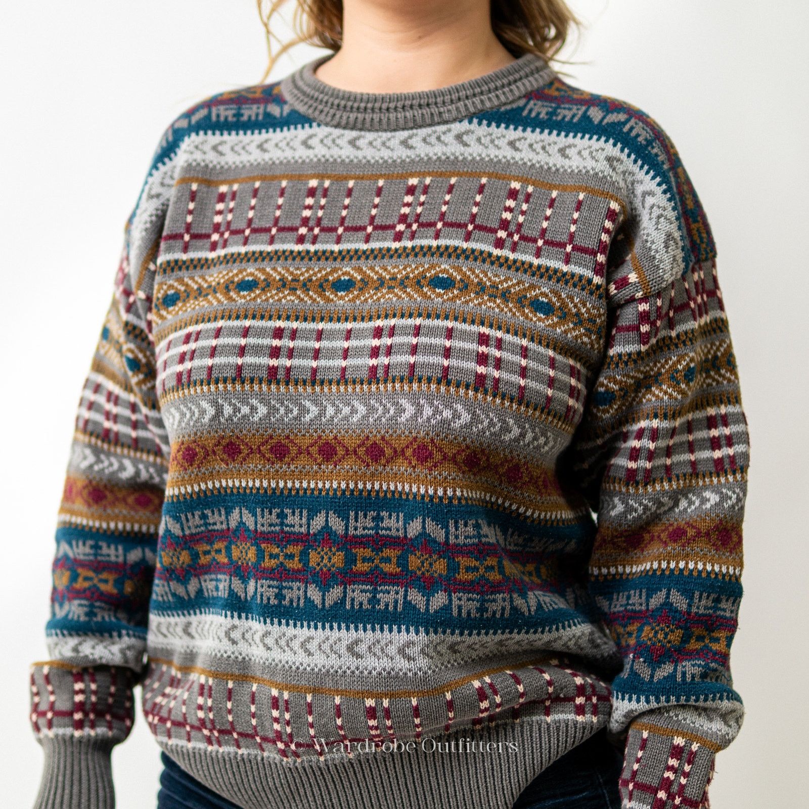 Vintage Chunky Vintage 90s Aztec Multi Striped Sweater Woods & Gray Size L / US 10 / IT 46 - 6 Thumbnail