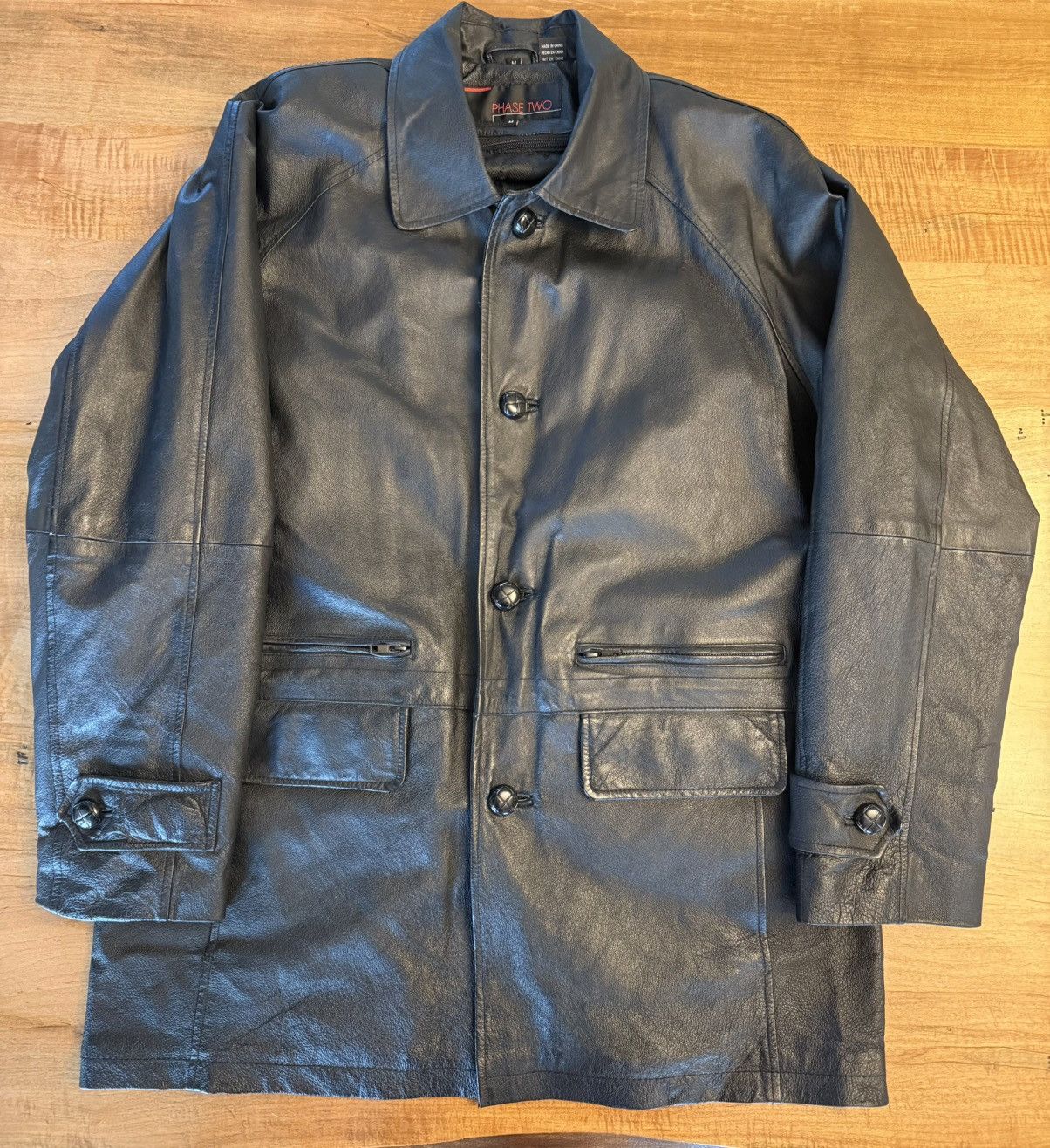 1990s Phase Two Vintage Black Leather Coat Zip Out Liner