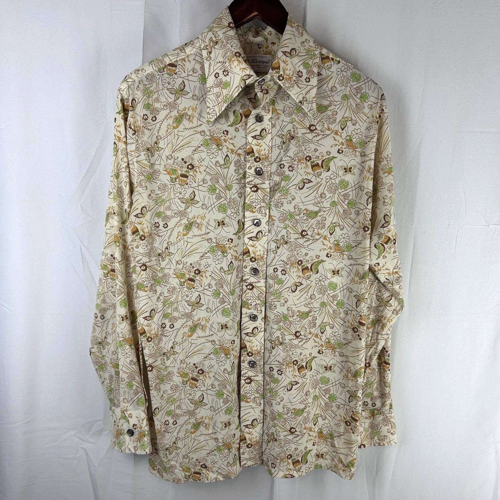 Vintage VINTAGE Donegal Never Press Spear Point Long Sleeve Shirt Large Bird AOP Beige M Mens Women Boys Girls Blocked? Size US M / EU 48-50 / 2 - 2 Thumbnail
