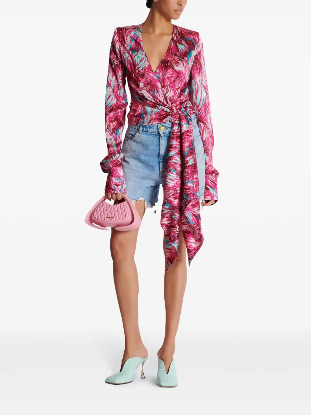 Balmain o1s1wg110825 Feather Print Silk Blouse in Pink/Blue Size L / US 10 / IT 46 - 6 Thumbnail