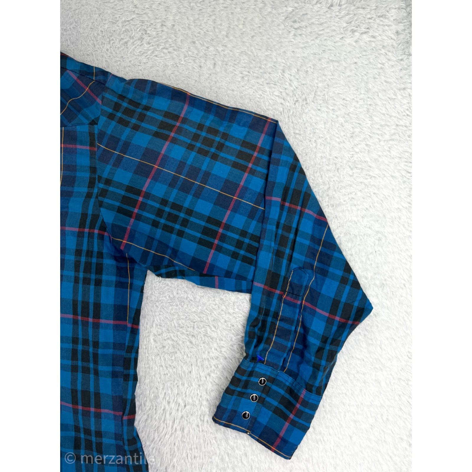 Vintage Rustler Mens Blue Plaid Long Sleeve Button-Up Shirt - X-Long Tail, Pearl Snaps, Western Cowboy, Cotton Blend, 40in Chest, Regular Fit Size US XL / EU 56 / 4 - 6 Thumbnail
