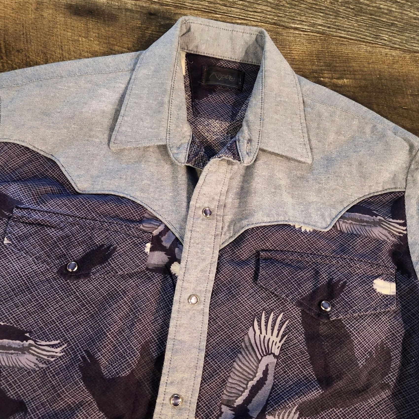 Roper VINTAGE Roper Western Shirt Mens Large Blue Chambray Pearl Snap Cowboy Eagle USA Size US L / EU 52-54 / 3 - 5 Thumbnail
