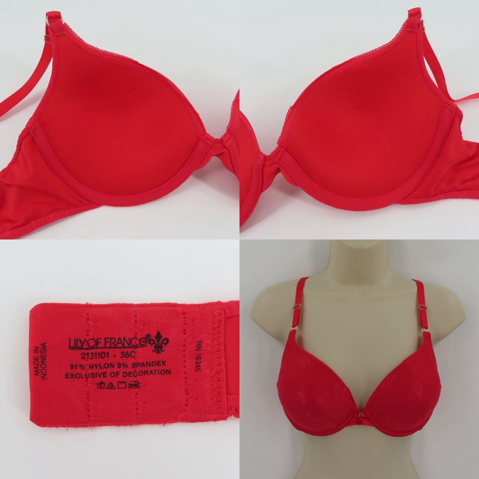 Vintage Lily of France Bra 36C Push Up Underwire Red Floral Pattern 2131101 Women Size ONE SIZE - 8 Thumbnail