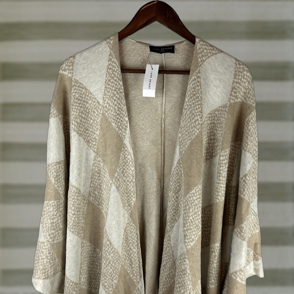 Vintage VINTAGE? NWT Lane Bryant Womens Sz OS Beige Checkered Poncho Shaw Cardigan Loungewear 0 Size ONE SIZE - 1 Thumbnail