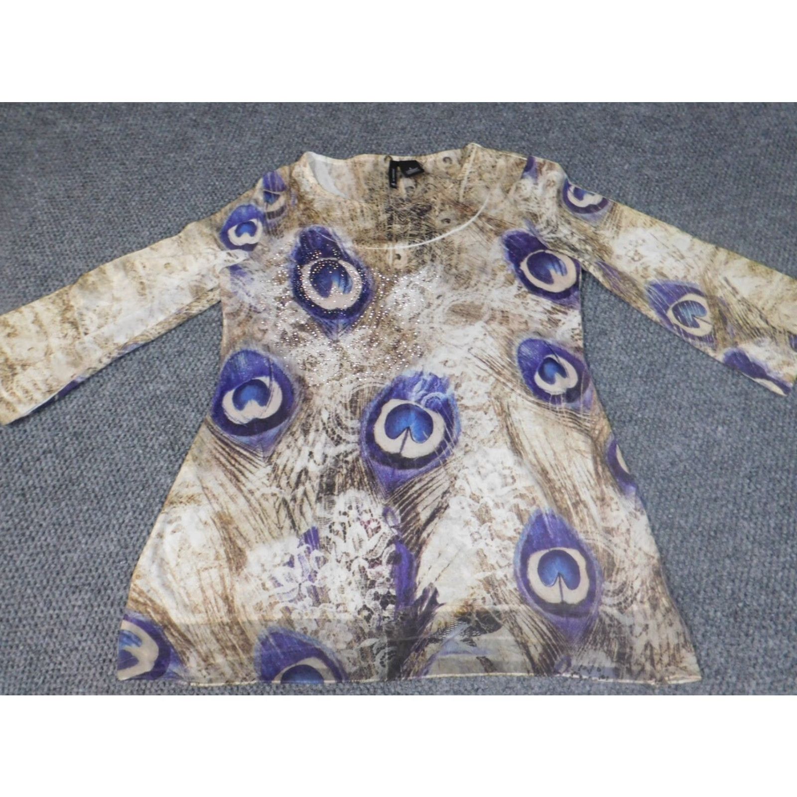 Vintage New Directions Blouse Shirt Womens Small Beige Floral Round Neck Long Sleeve Pullover Stretch Regular Casual Tee Size S / US 4 / IT 40 - 2 Thumbnail