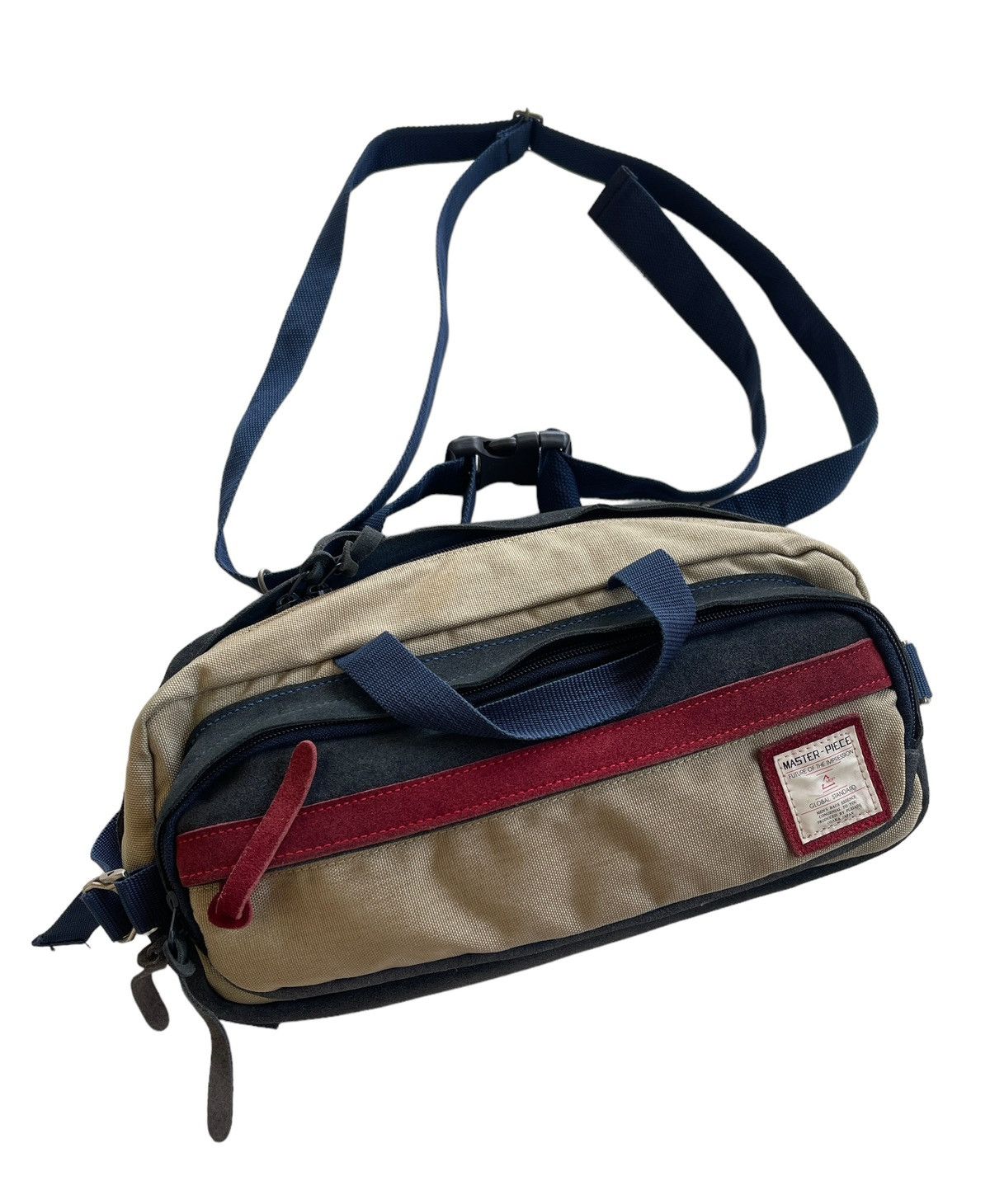 image of Masterpiece Japan Pouch Bag (Suede Leather + Canvas) in Navy Cream, Men's