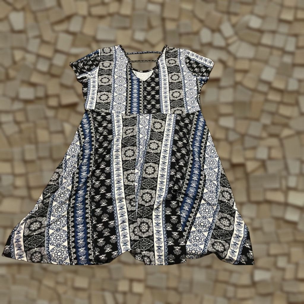 Vintage Bobbie Brooks Dress Women's Plus Size 1X Black White Blue Floral Paisley Striped Short A-Line Casual Size XL / US 12-14 / IT 48-50 - 1 Thumbnail