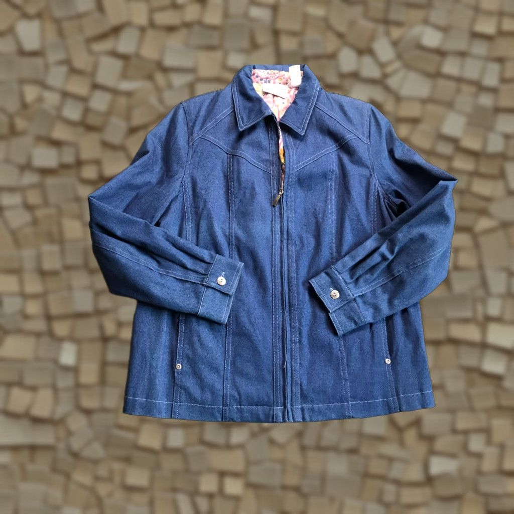 Vintage Alfred Dunner Jacket Women's 6P Petite Blue Jeans Shoulder Pads Coat Mid-Length Zip Cotton Blend Modern Vintage No Size 28" / US 6 / IT 42 - 1 Thumbnail
