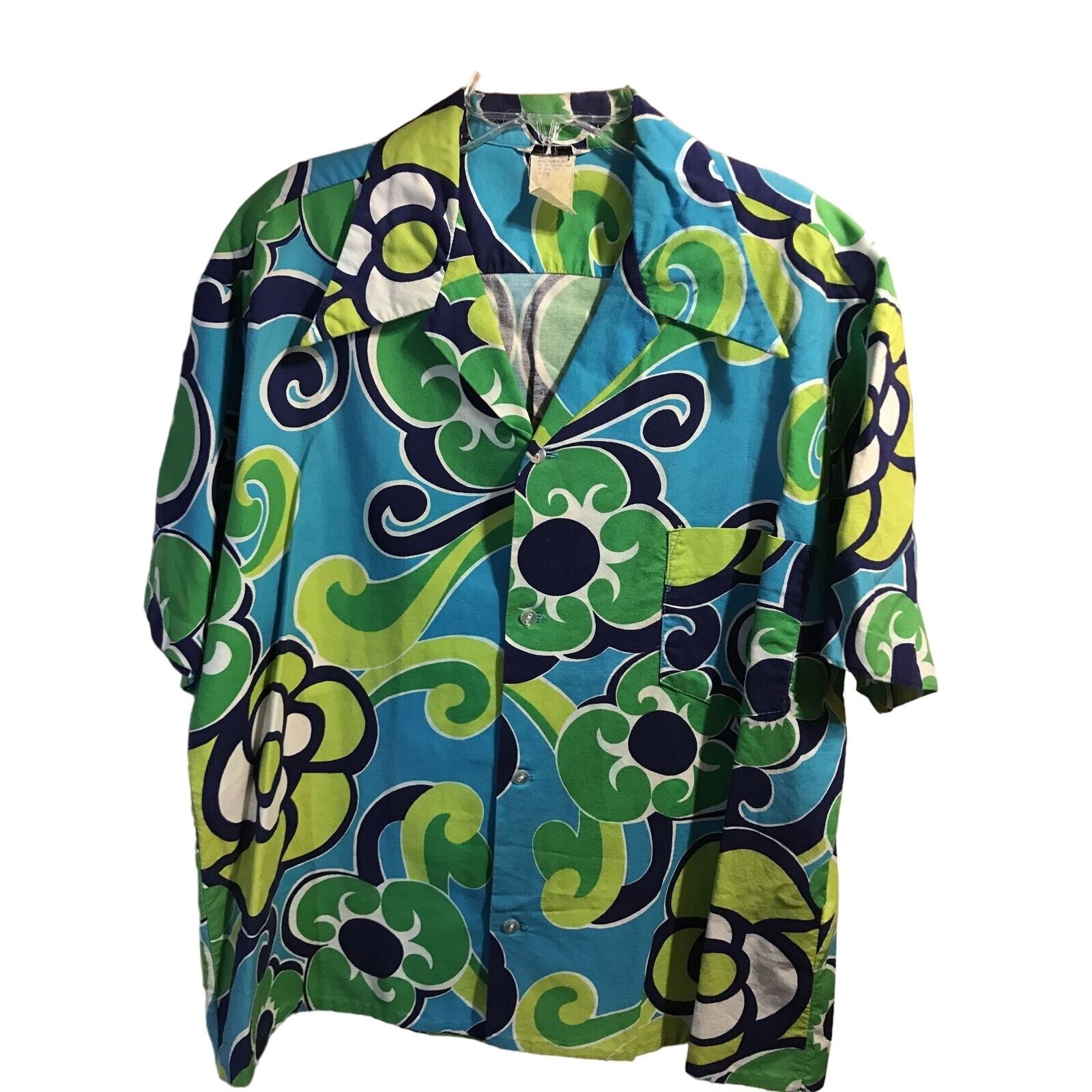Other Vintage Men’s L Blue Green Floral Hawaiian Shirt SS Button Size US L / EU 52-54 / 3 - 1 Thumbnail