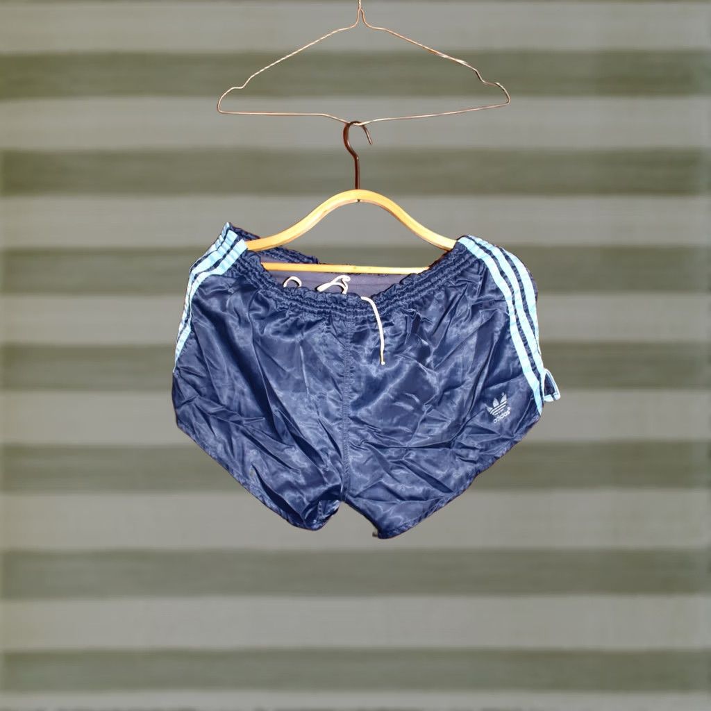 Adidas VINTAGE Adidas dark blue with blue stripes Nylon Running shorts - L/XL Shirt Mens XL Blue 1980s Size US 36 / EU 52 - 1 Thumbnail
