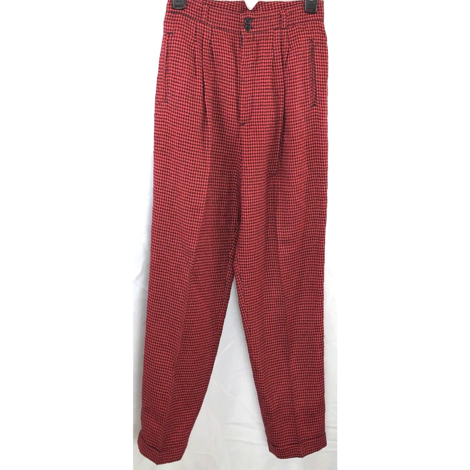 ESPIRIT VINTAGE EZ Spirit Pants 8 Red Black Houndstooth Plaid 26"W Tapered Leg Cuff 80s 90s Womens Pants Women Size 30" / US 8 / IT 44 - 2 Thumbnail