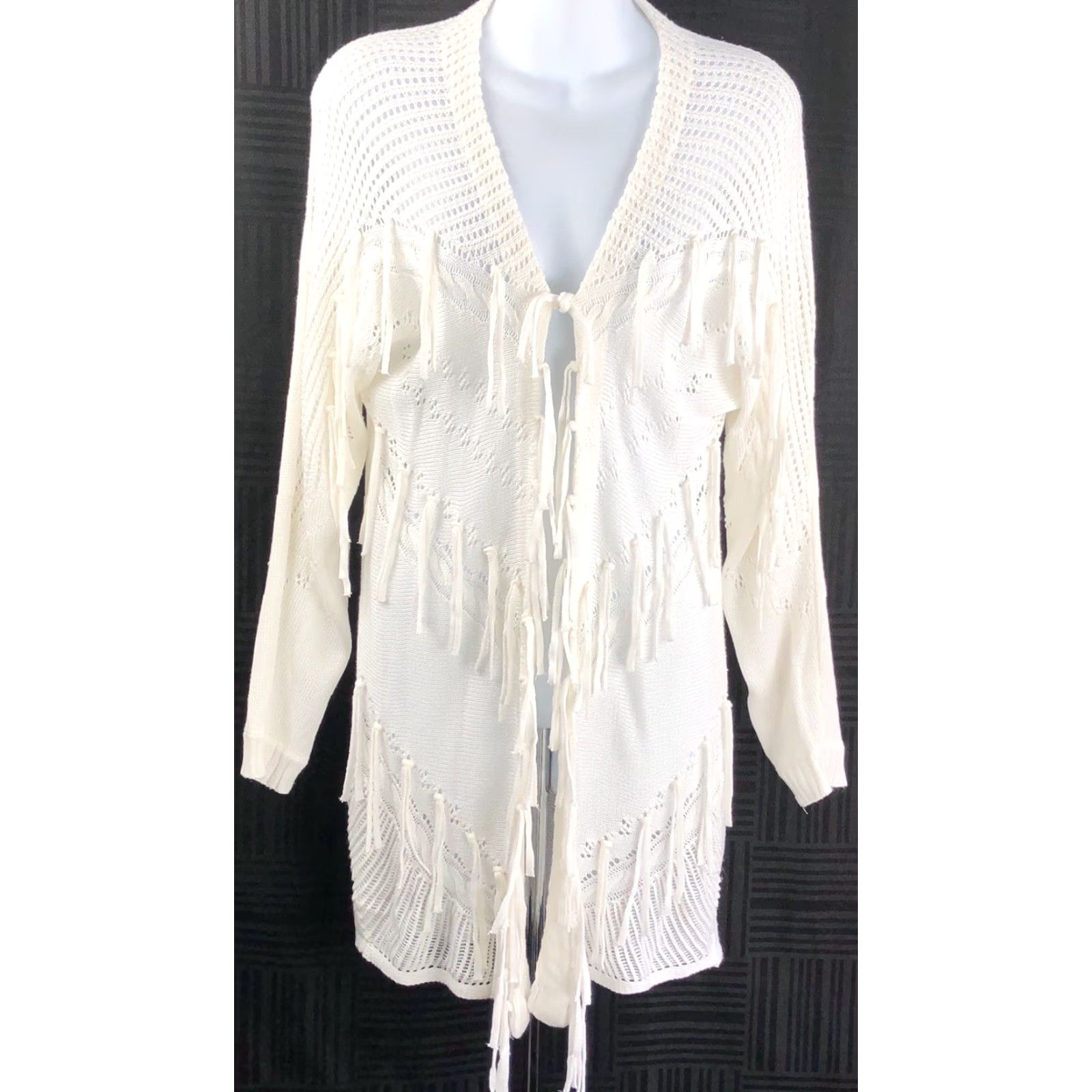 Vintage NY & Co Fringe Cardigan Sweater S Ivory Crochet Accents Long Sleeve Size S / US 4 / IT 40 - 2 Thumbnail