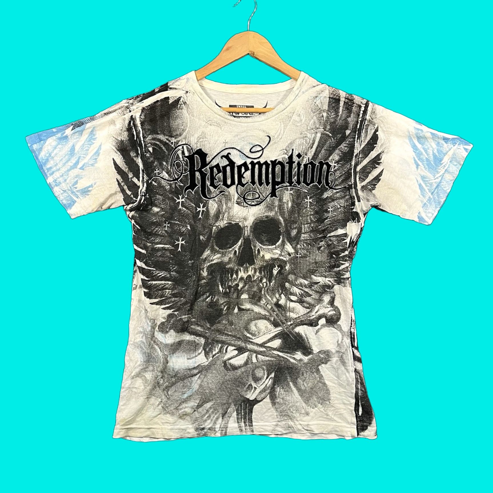 Vintage VINTAGE Raw State Redemption Shirt Men S Blue Wings Skull Graphic Print Crew Neck Short Sleeve Modern Retro USA Skull Logo Size US S / EU 44-46 / 1 - 1 Thumbnail