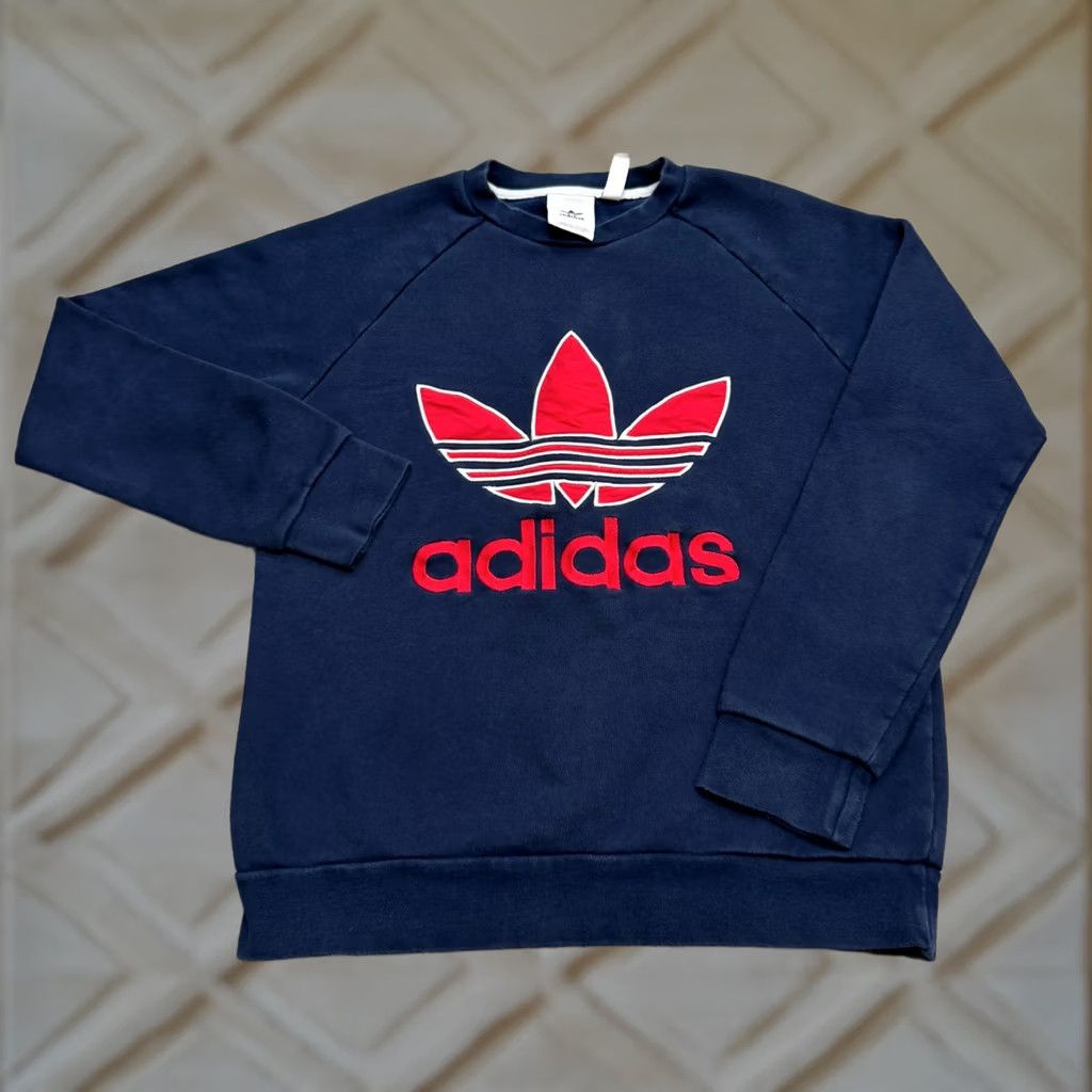 Adidas Adidas Originals Trefoil Graphic Pullover Crew Sweatshirt Mens XS Navy Blue Red Size US XS / EU 42 / 0 - 1 Thumbnail