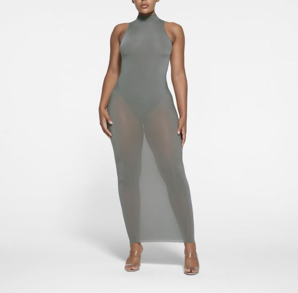 NWT Skims Milky Sheer Mock Neck Long Dress Gunmetal Small