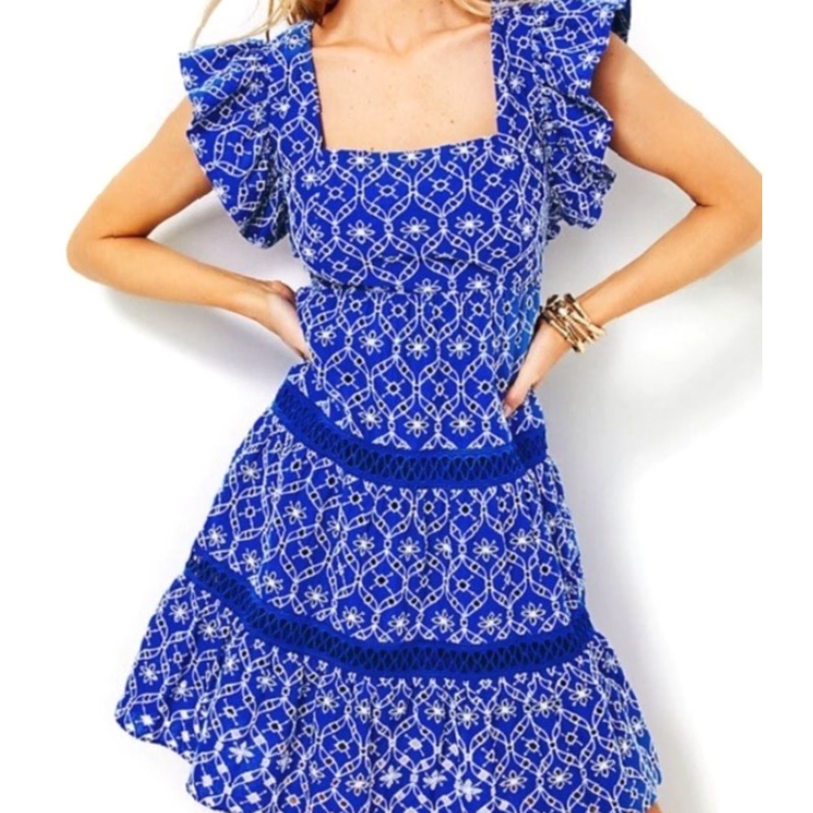 Lilly Pulitzer Lilly Pulitzer Morrie Eyelet Ruffle Sleeve Dress Mini - Blue - Size 4 - Womens Size S / US 4 / IT 40 - 2 Thumbnail
