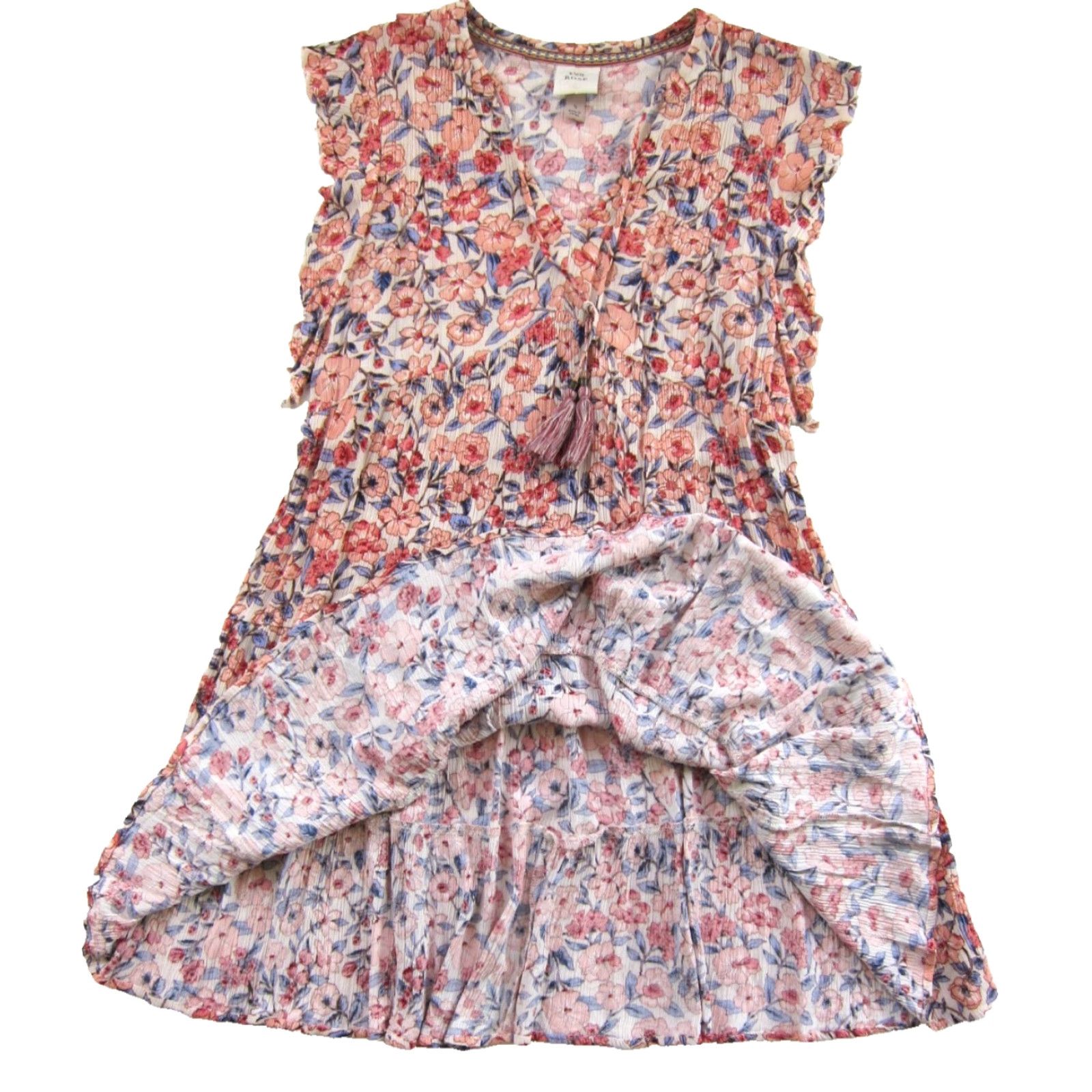 Vintage Knox Rose Pink Blue White Floral Cap Ruffle Sleeve V-Neck Smock Dress Small Size S / US 4 / IT 40 - 5 Thumbnail