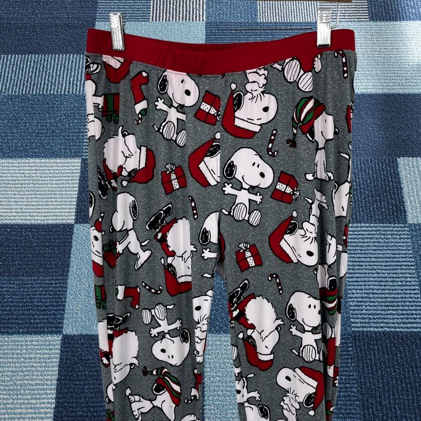 Vintage Munki Munki Peanuts Pajama Pants Men's L Gray Snoopy Christmas 2 Piece 100% Polyester Size US 33 - 1 Thumbnail