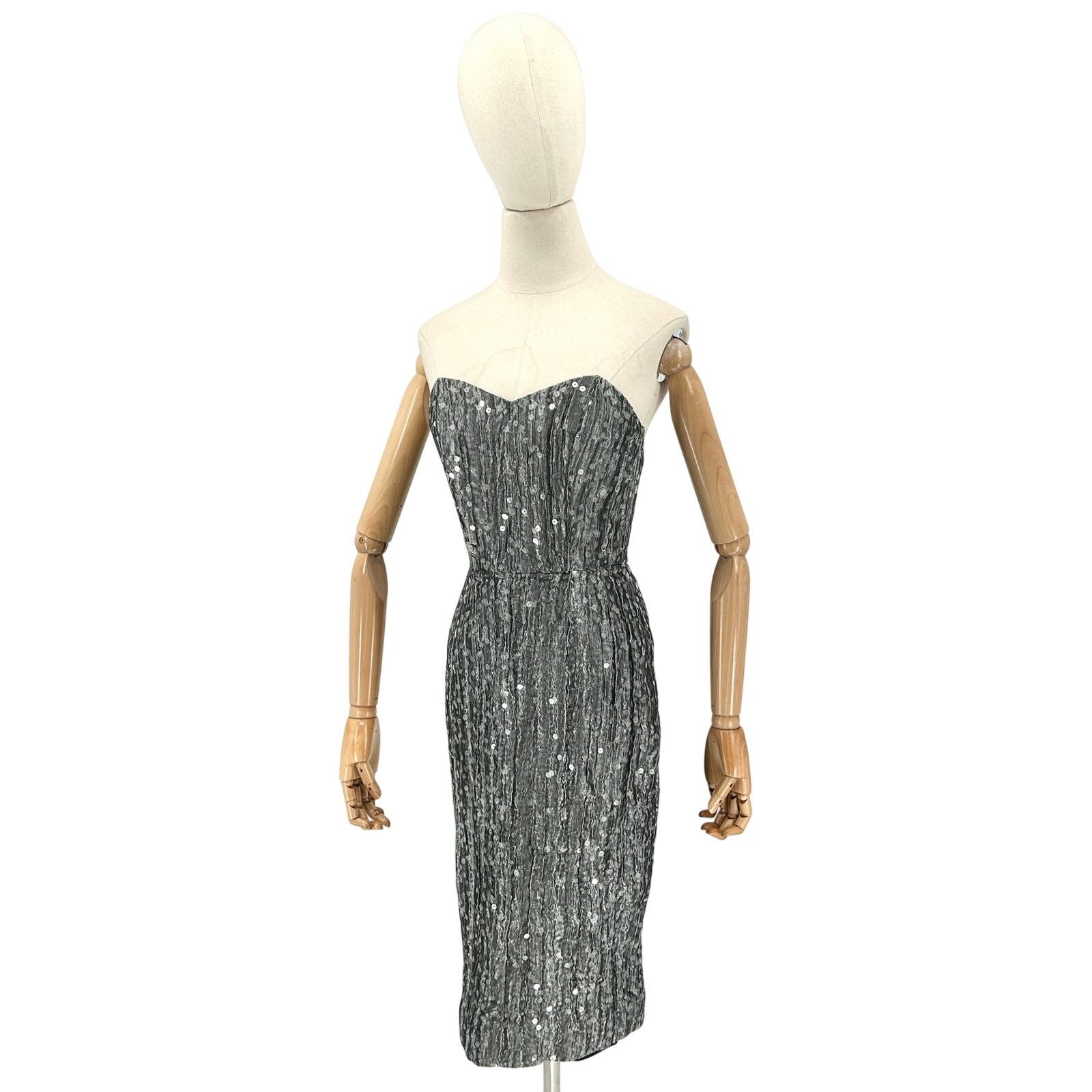 Vintage 90s Jacques Azagury Silver Sequin Silk Strapless Boned Dress Size S / US 4 / IT 40 - 1 Thumbnail