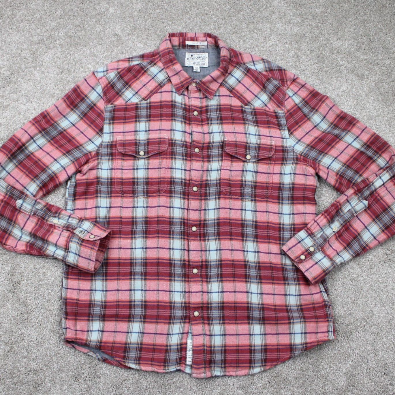 Lucky Brand Lucky Brand Button-Up Shirt Adult Large Red/Blue Plaid Cotton Pearl Snap Western Casual Business Formal Workwear Mens L Size US L / EU 52-54 / 3 - 2 Thumbnail