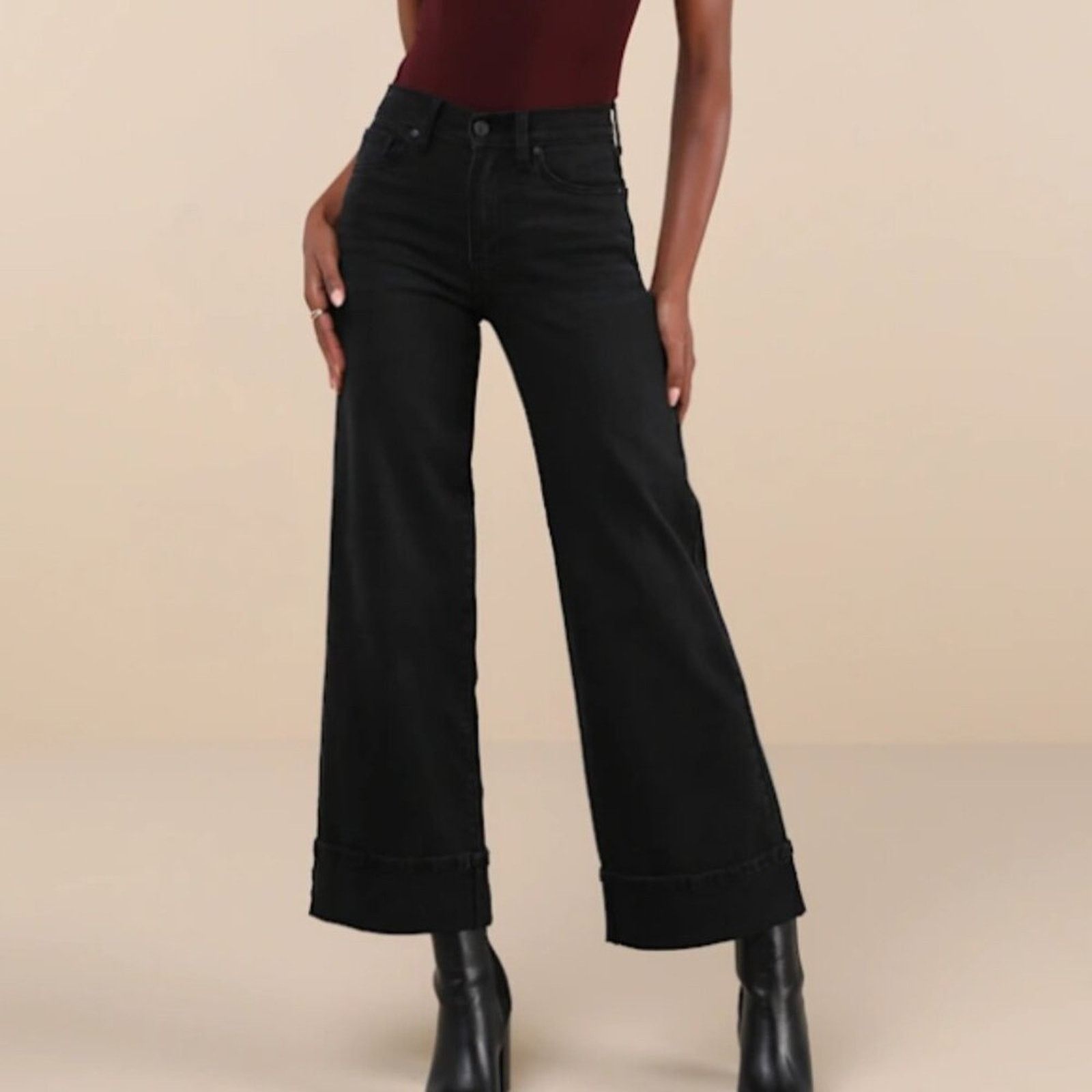 Lulus Lulus Palazzo Black Denim Cuffed High-Rise Wide-Leg Jeans Size 28" / US 6 / IT 42 - 1 Thumbnail