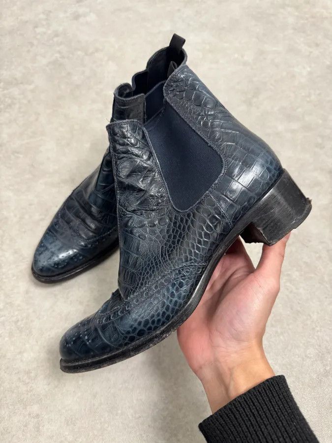 Miu Miu Miu Miu Dark Navy Crocodile Embossed Leather Chelsea Boot Brogue Size US 5.5 / EU 38 - 3 Thumbnail