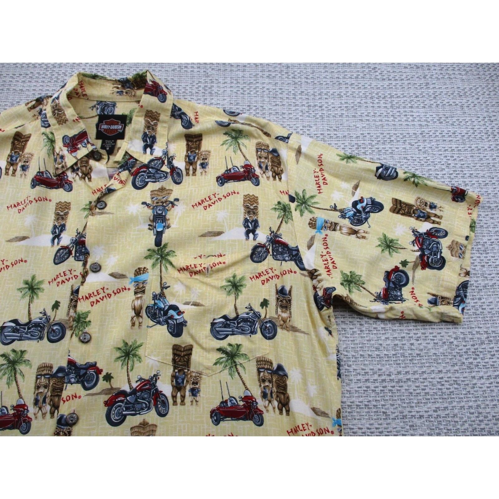 Harley Davidson Harley-Davidson Shirt Mens M Hawaiian Tiki Motorcycle Palm Tree Aloha Rayon USA Yellow Graphic Print Casual VintageSummer 70s? Size US M / EU 48-50 / 2 - 2 Thumbnail