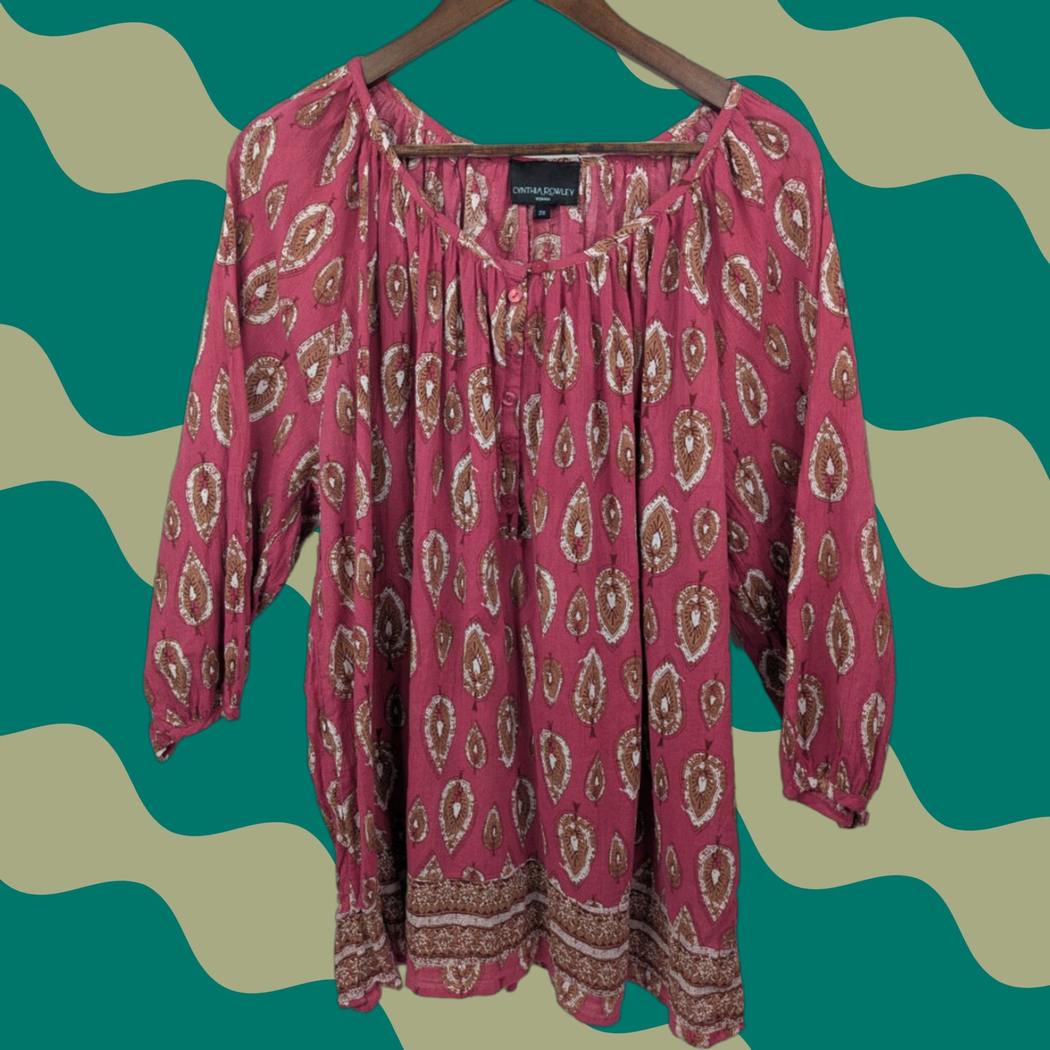 Cynthia Rowley Cynthia Rowley Blouse Women’s 2X Red Pink Paisley Henley Long Sleeve Tunic Collarless Pockets All Seasons Button Size XXL / US 16-18 / IT 52-54 - 1 Thumbnail