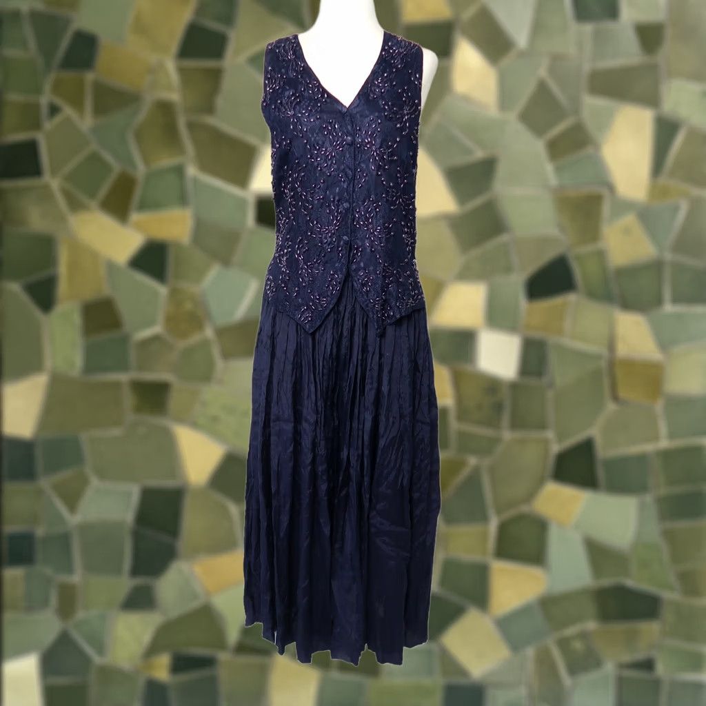 Vintage VINTAGE 90s Navy Blue Jumpsuit with Beaded Vest Top Wide Leg Cropped Sleeveless Rayon Jasmine S Womens Size 28" / US 6 / IT 42 - 1 Thumbnail