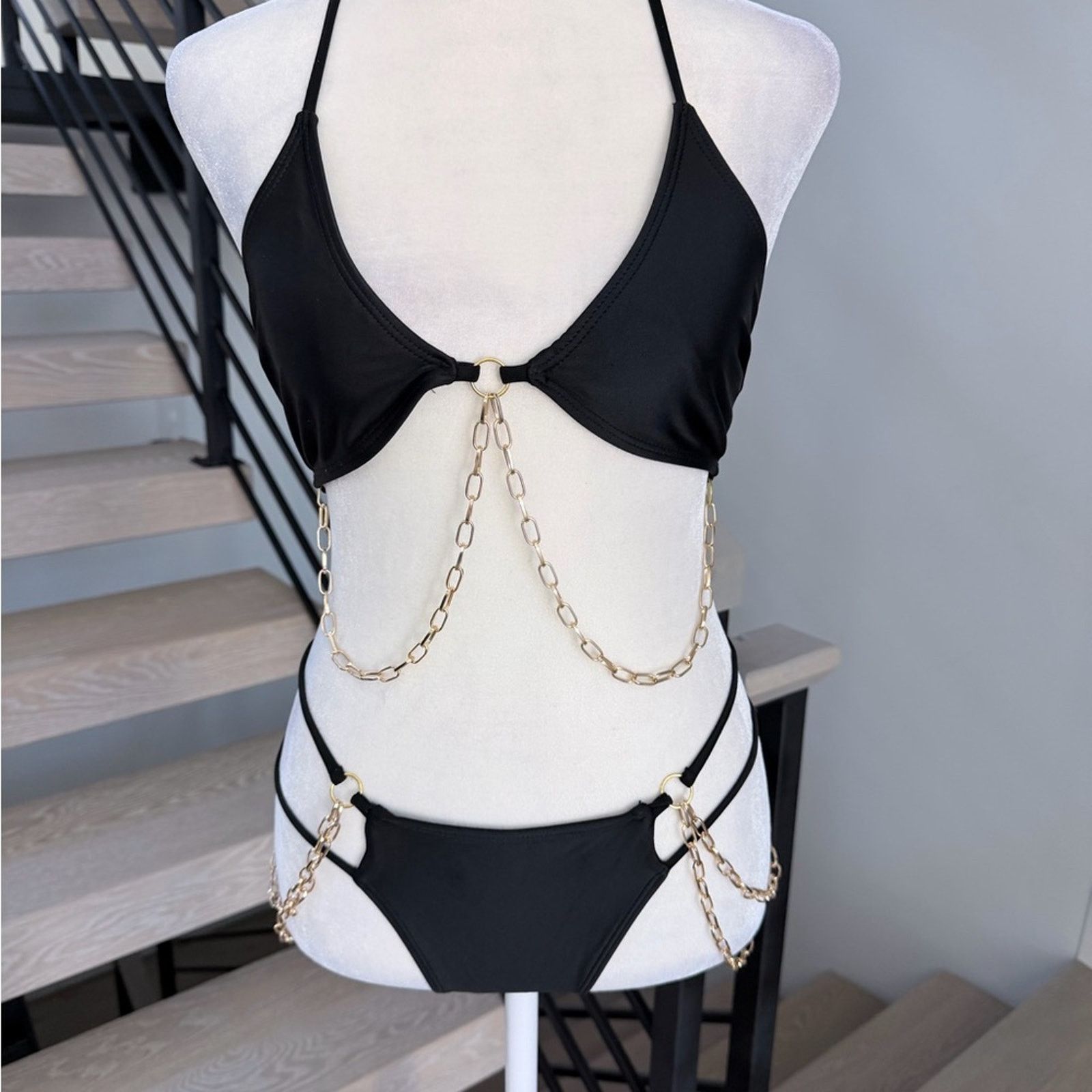 Other New Y2K Black Swimsuit Bikini with Gold Chain Accents size S Size ONE SIZE - 5 Thumbnail