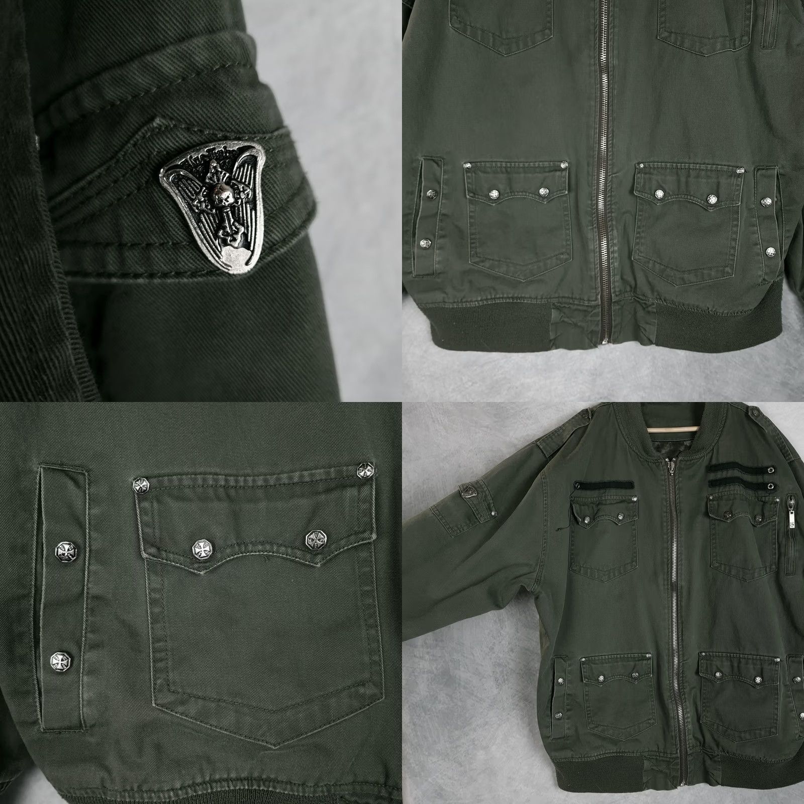 Affliction Blac Label Bomber Jacket Mens 3XL Green Gothic Skull Biker Studded Affliction Size US XXL / EU 58 / 5 - 8 Thumbnail