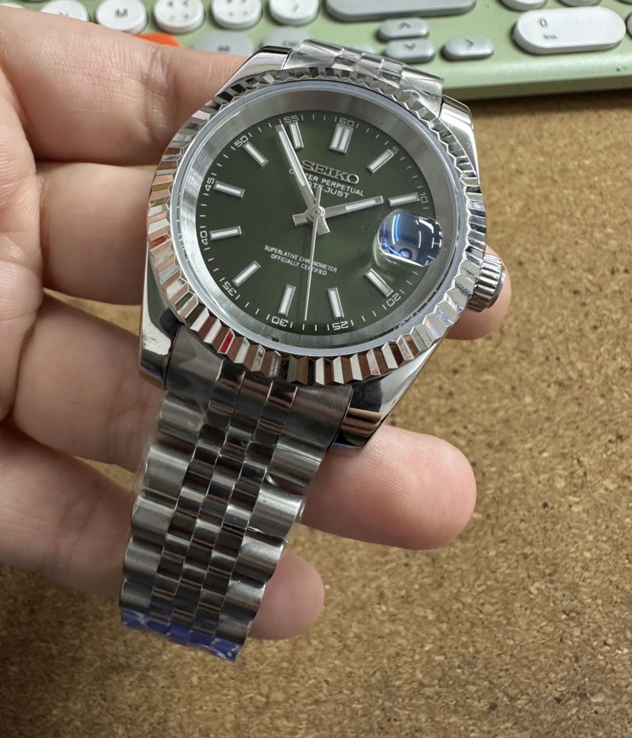 Japanese Brand Seiko Mod Datejust Olive Dial Steel Jubilee Watch NH35 39mm Size ONE SIZE - 3 Thumbnail