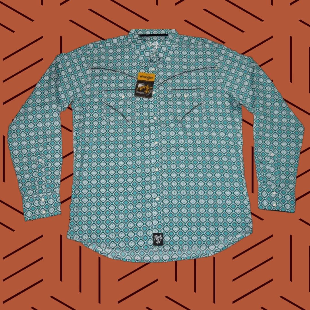 Wrangler WRANGLER ROCK 47 GEO PRINT Button-Up Shirt XL Teal Mens Cowboy Western Snap Size US XL / EU 56 / 4 - 1 Thumbnail