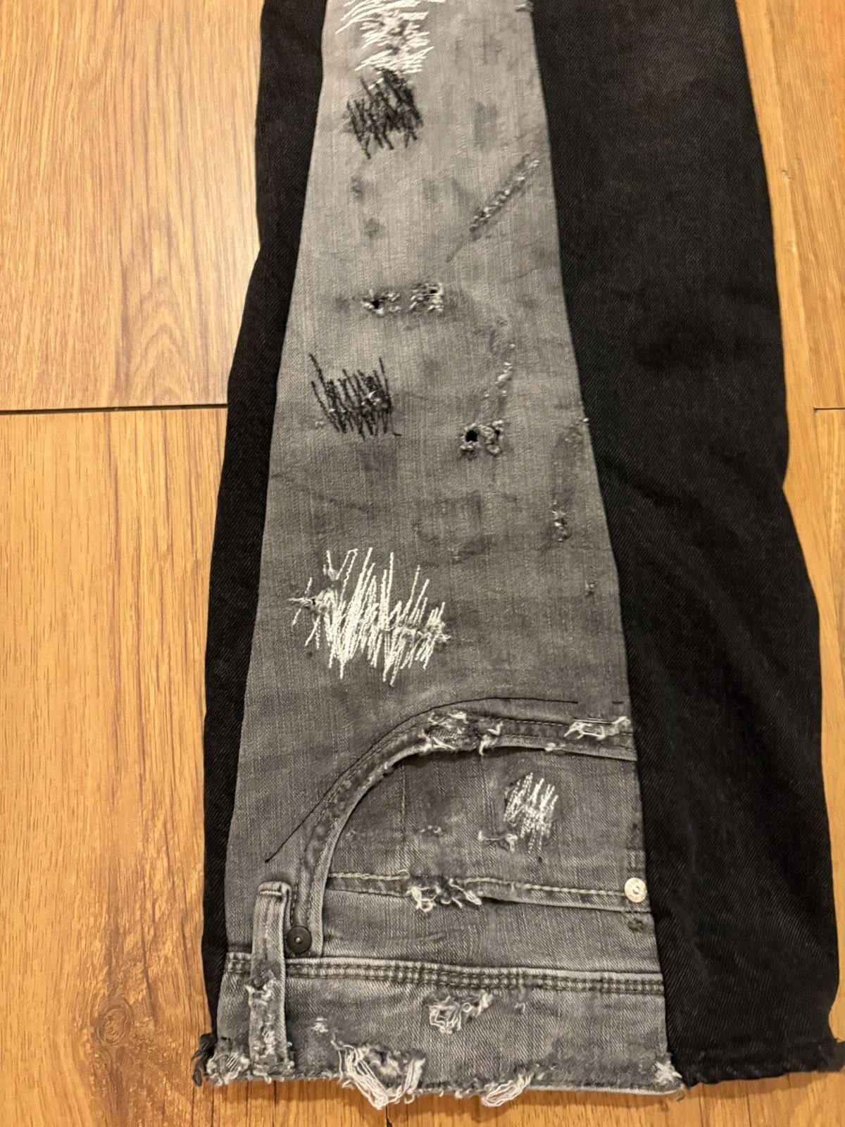 Japanese Brand Black Upside Down Flared Destroyed and Repaired Denim Size US 35 - 3 Thumbnail