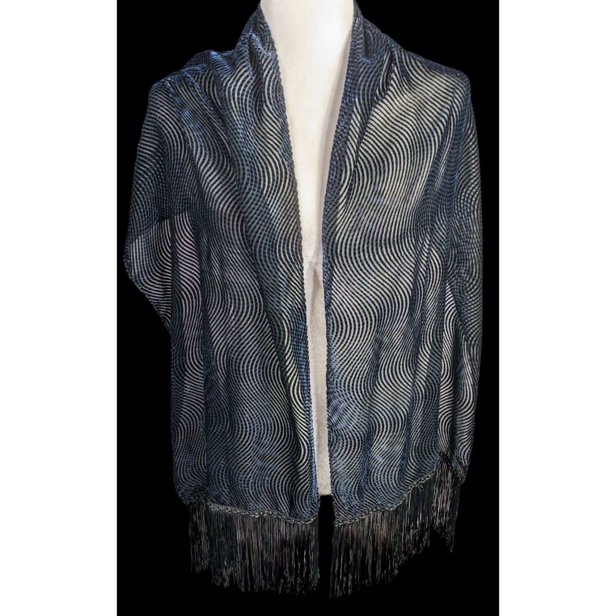 Other Joann Chaimson Blue Burnt Velvet Fringe Scarf Wrap 60x14 Inc Size ONE SIZE - 2 Thumbnail