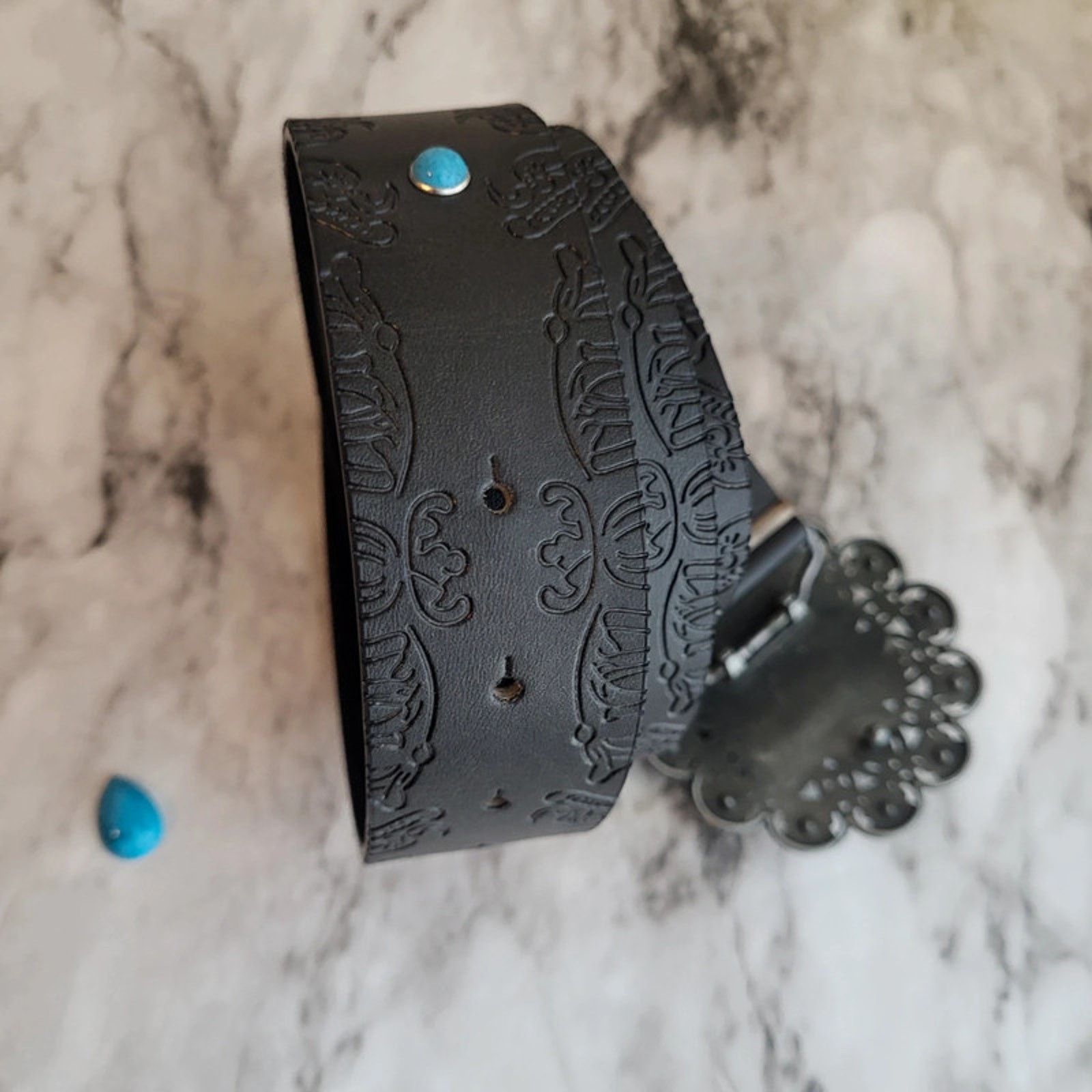 Other Black and Blue Floral Buckle Vegan Leather Belt 44 inches Size ONE SIZE - 5 Thumbnail