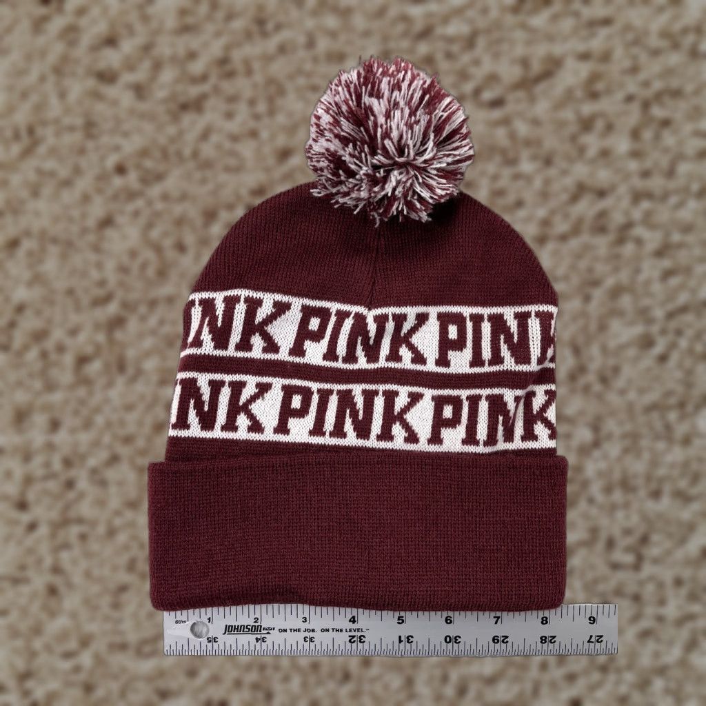 Victoria's Secret Victoria's Secret Beanie Hat Adults One Size Burgundy White Pom Pink Ski Snow Striped Logo Winter Mens Womens Girls Boys Size ONE SIZE - 1 Thumbnail