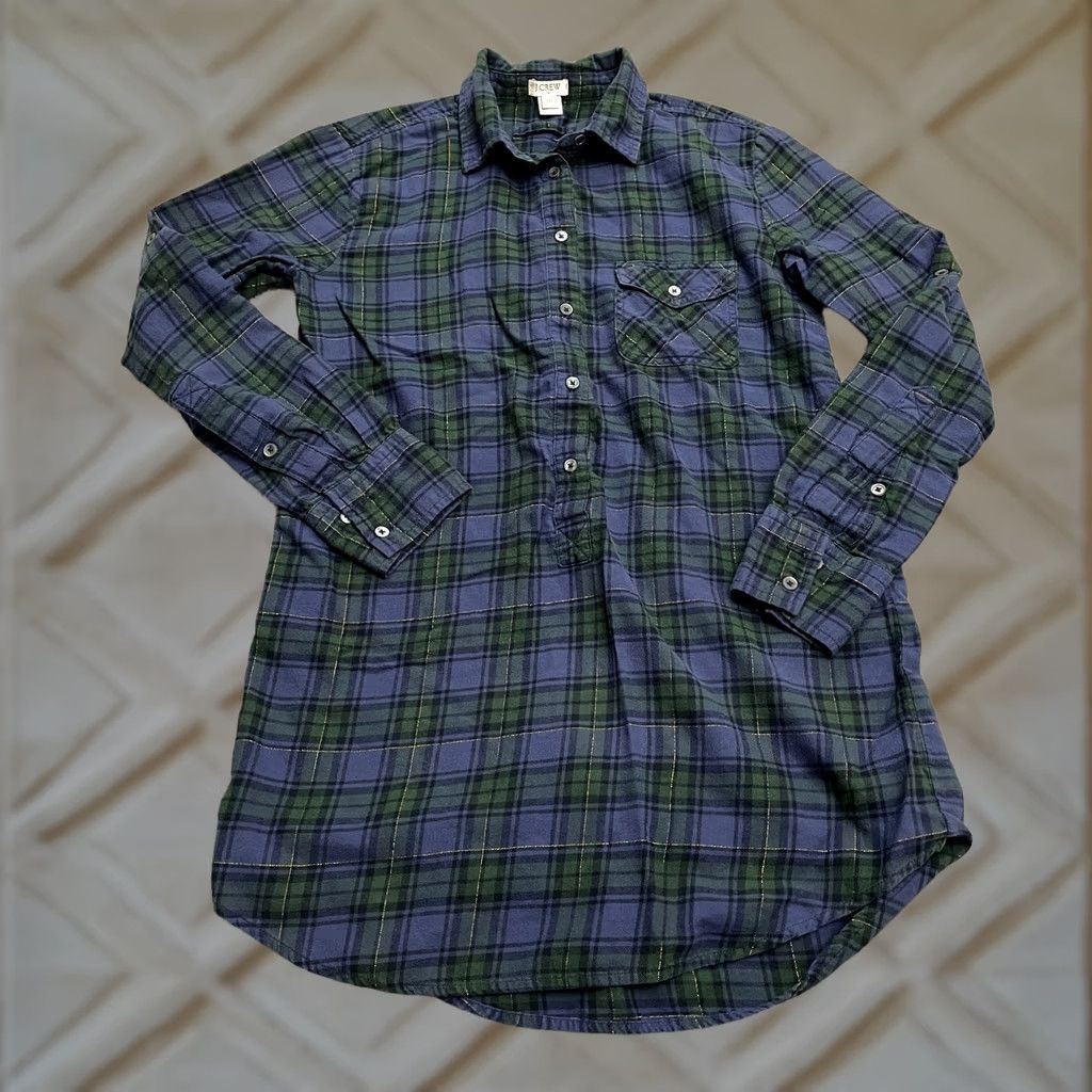 J.Crew J.Crew Flannel Tunic Shirt Womens XXS Blue Green Plaid Cotton Casual Popover Top Size XXS / US 00 / IT 34 - 1 Thumbnail