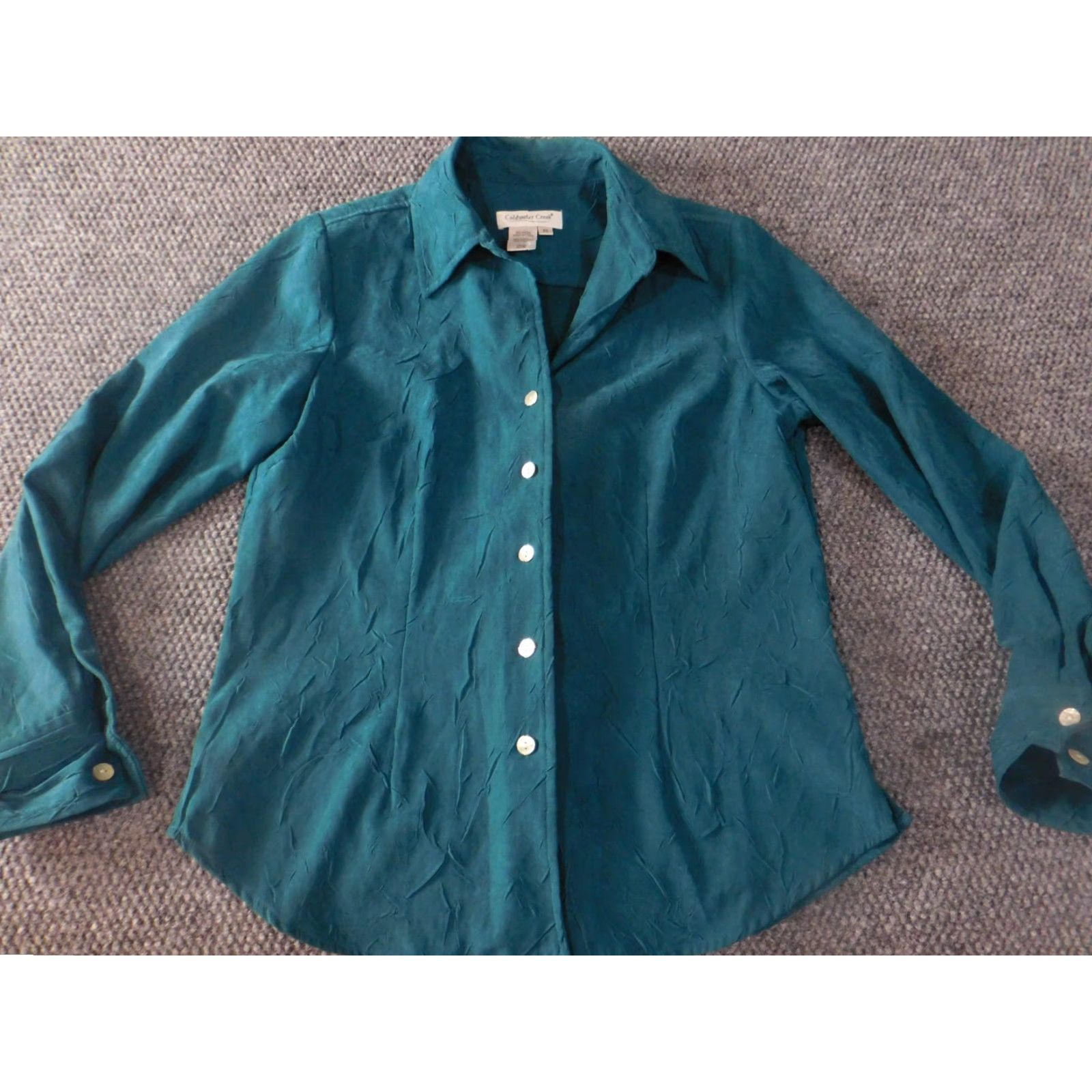 Coldwater Creek Coldwater Creek Button-Up Shirt Womens XS Green Nylon Polyester Cap Sleeve Collared Long Sleeve Casual Classic Ruffle Breathable Vintage No Size XS / US 0-2 / IT 36-38 - 2 Thumbnail