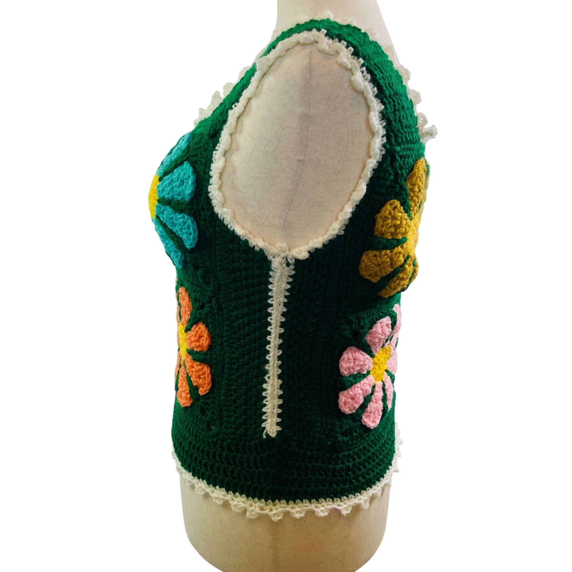 Handmade Crochet Vest Tank Top Retro 70's Hippie Flower Power Rib Tic Size ONE SIZE - 6 Thumbnail