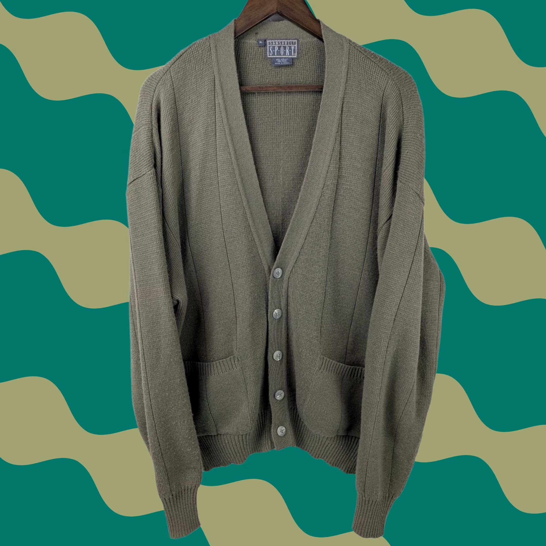 Vintage VINTAGE Sansabelt Sport Cardigan Sweater Mens XL Green Geometric Knit 80s 90s Grunge Grandpa Size US XL / EU 56 / 4 - 1 Thumbnail
