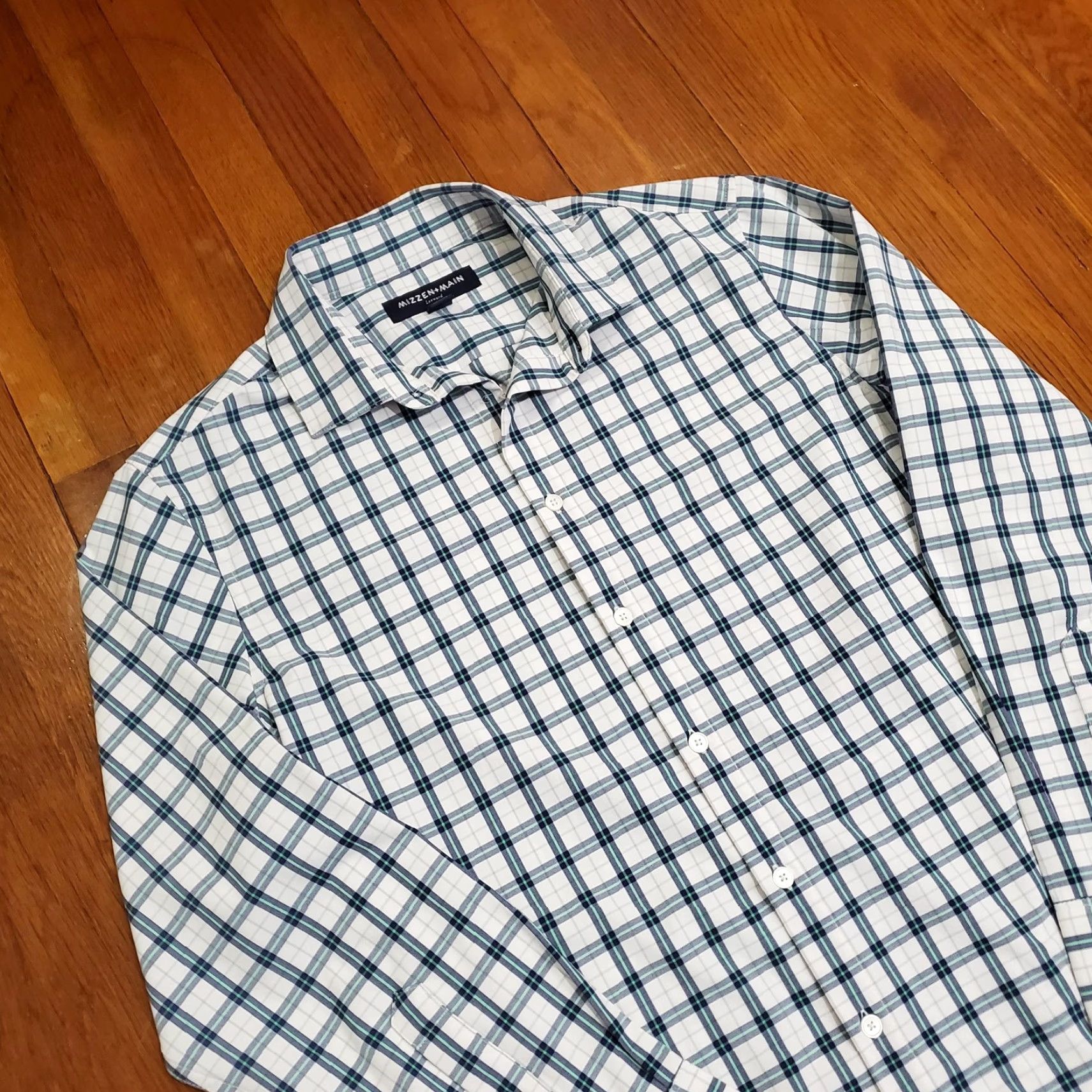 Mizzen+Main Mizzen+Main Leeward Shirt Mens Medium Plaid Dress Shirt Slim Fit 1WS-0564 Blue Green Size 40R - 3 Thumbnail
