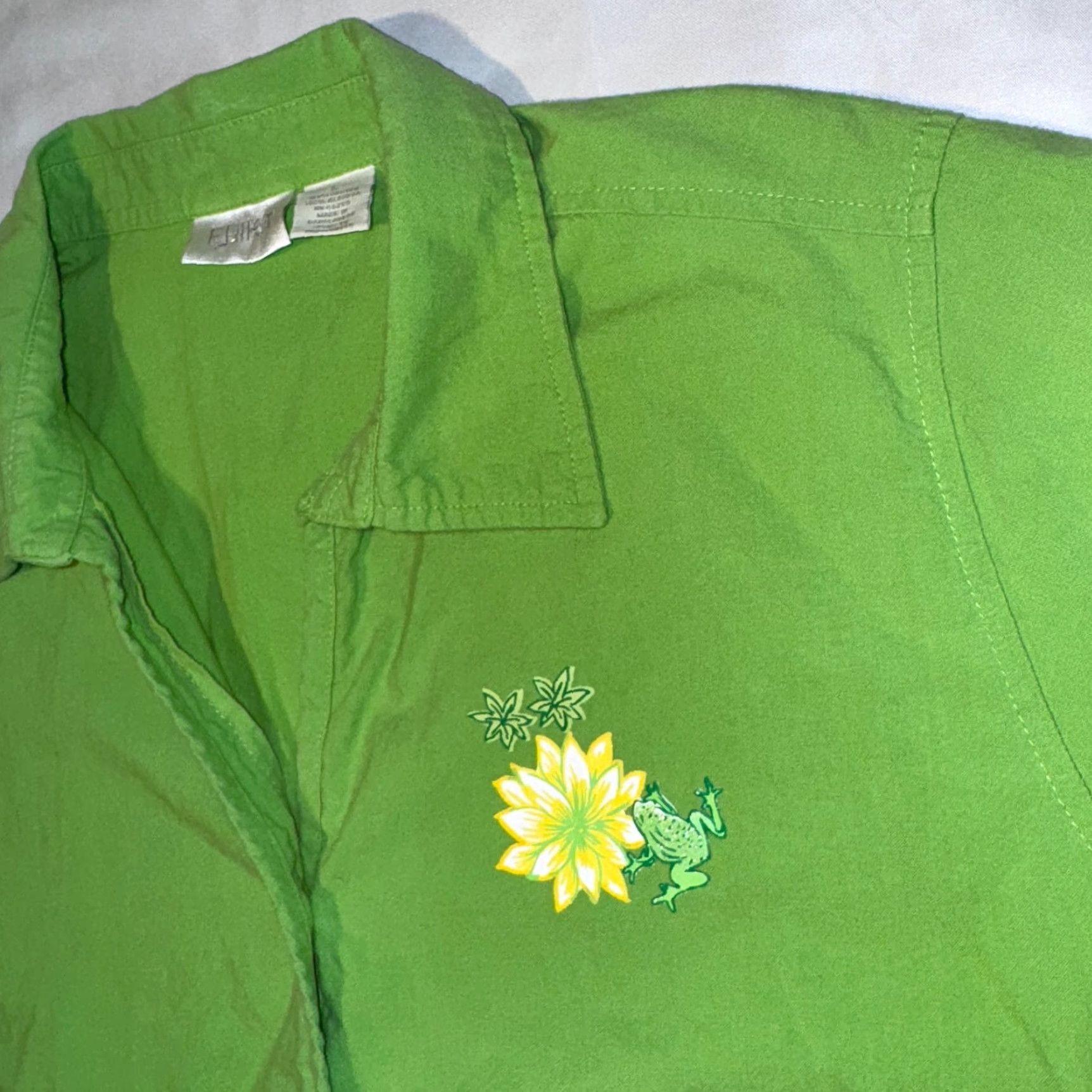 Vintage ERIKA Blouse Shirt Green Yellow Flower Knit Short Sleeve Collared Button Embroidered - L Womens Regular Size L / US 10 / IT 46 - 4 Thumbnail