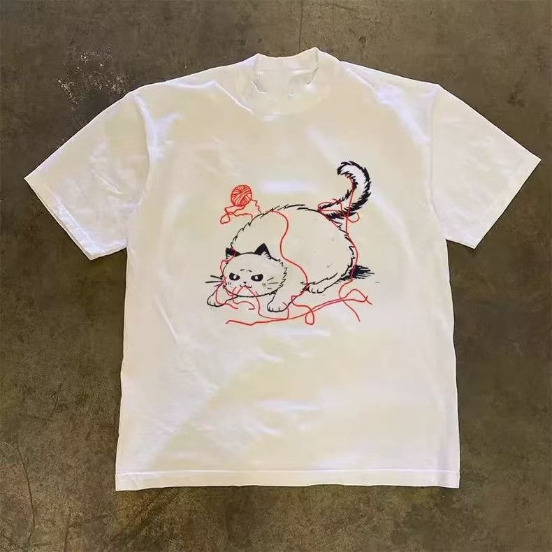 Vintage White retro kitten print cotton t-shirt Size US M / EU 48-50 / 2 - 1 Thumbnail